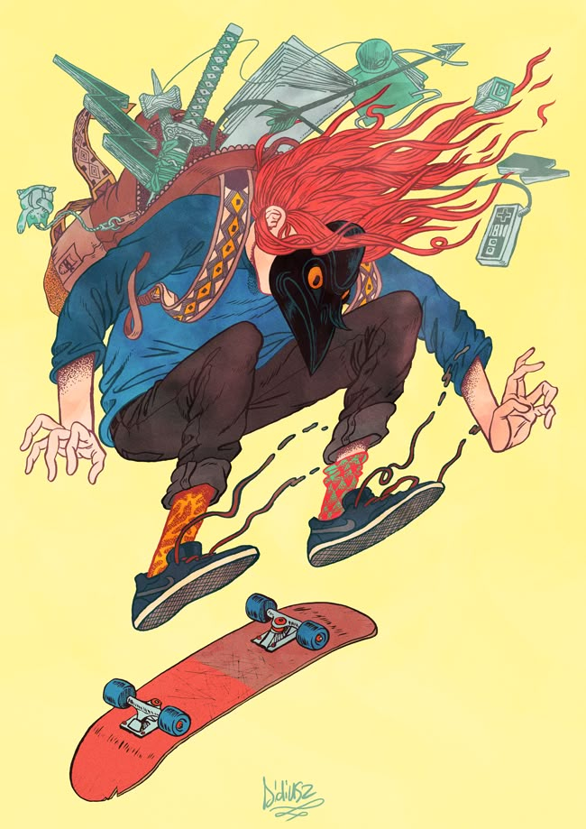 a drawing of a person on a skateboard in the air with their hair blowing