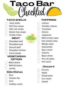 a printable taco bar checklist is shown with the words,'mexican food list