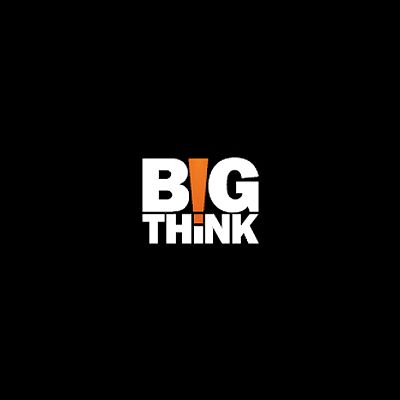 the words big think are in white and orange letters on a black background with an orange stripe