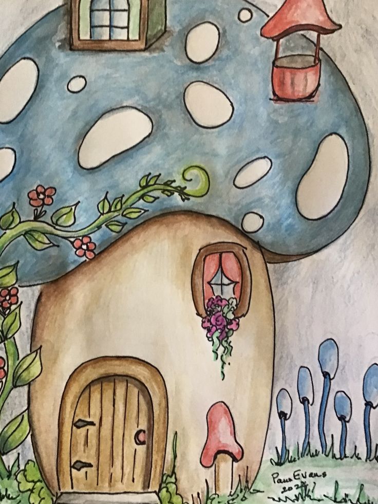 a drawing of a mushroom house in the woods