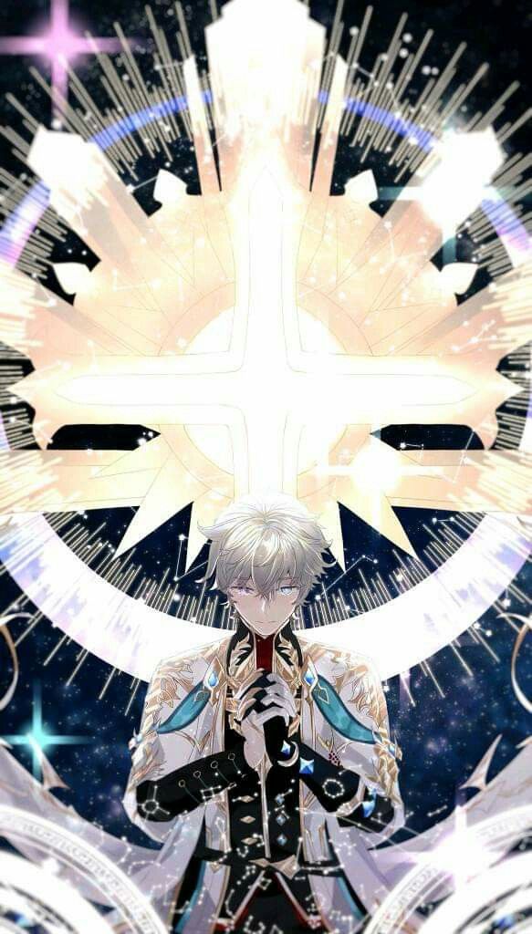 an anime character standing in front of a cross