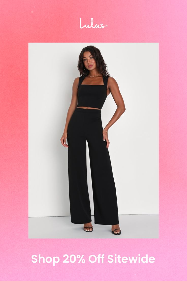 With a chic blazer, leather jacket, or coat, there's no end to how you could style the Lulus Enticing Endeavors Black Two-Piece Jumpsuit! This sleeveless jumpsuit is made from stretchy crepe knit with a square neckline and a princess-seamed seamed bodice. The matching bottoms feature a high, banded waist that tops classic, wide pant legs that fall to ankle-length hems. Hidden back zipper. Fit: This garment fits true to size. Length: Floor length. Size medium Inseam: 32.50 Front Rise: 12.25 Bust: Great for any cup size. Waist: Fitted - very fitted at natural waist. Hip: Loosely Fitted. Undergarments: May be worn with a strapless bra, adhesive bra, petals, or no bra. Fabric: Fabric is very stretchy. Lined. Shell: 95% Polyester, 5% Spandex. Lining: 100% Polyester. Hand Wash Cold. Do Not Bleac Chic Wide Leg Pantsuit For Night Out, Sleek Wide-leg Pantsuit For Party, Sleek Wide Leg Pantsuit For Party, Chic Black Pantsuit For Party, Solid Pantsuit For Night Out In Spring, Spring Pantsuit For Night Out, Solid Color Pantsuit For Night Out In Spring, Chic Evening Pantsuit For Fall, Solid Pantsuit For Spring Night Out