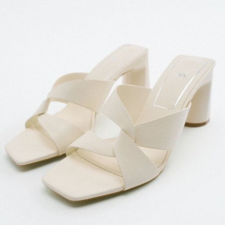 Zara Shoes | Nwot Zara Square Toe Twist Heels | Color: Cream/White Cream Flat Heels For Summer, Summer Cream Flat Heels, White Round Toe Block Heels For Spring, White Flat Heels For Spring, White Flats For Spring, White Open Toe Sandals With Padded Heel, White Flat Heel Sandals For Evening, White Square Toe Mules With Branded Heel, Summer White Open Heel Block Heels