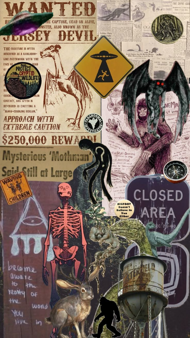 a collage of various stickers and signs on a wall with an image of a skeleton