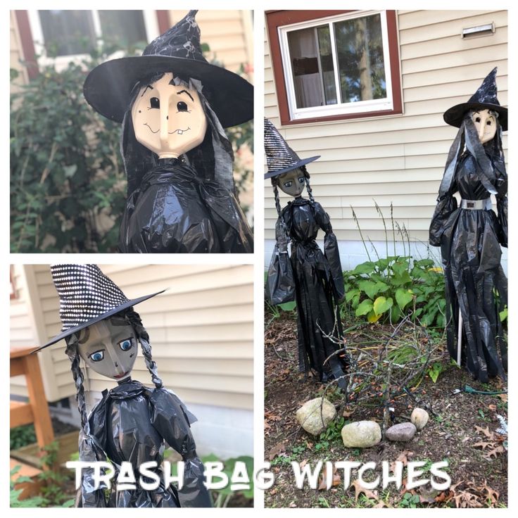 three photos of halloween decorations in the front yard, including two scarecrows and one witch