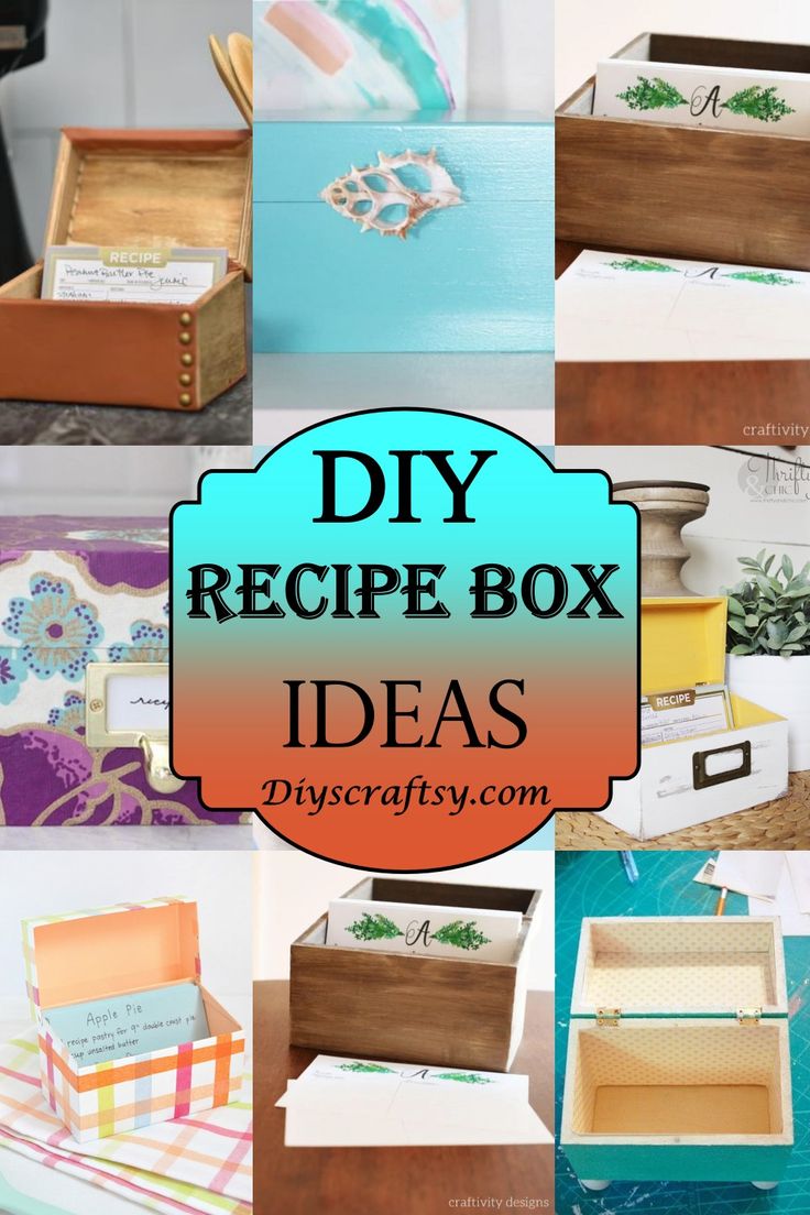 DIY recipe boxes Recipe Box Ideas, Recipe Box Makeover, Painted Recipe Box, Recipe Box Diy, Cucumber Trellis Diy, Personalized Recipe Box, Recipe Card Box, Food Gift Box, Recipe Box Wooden