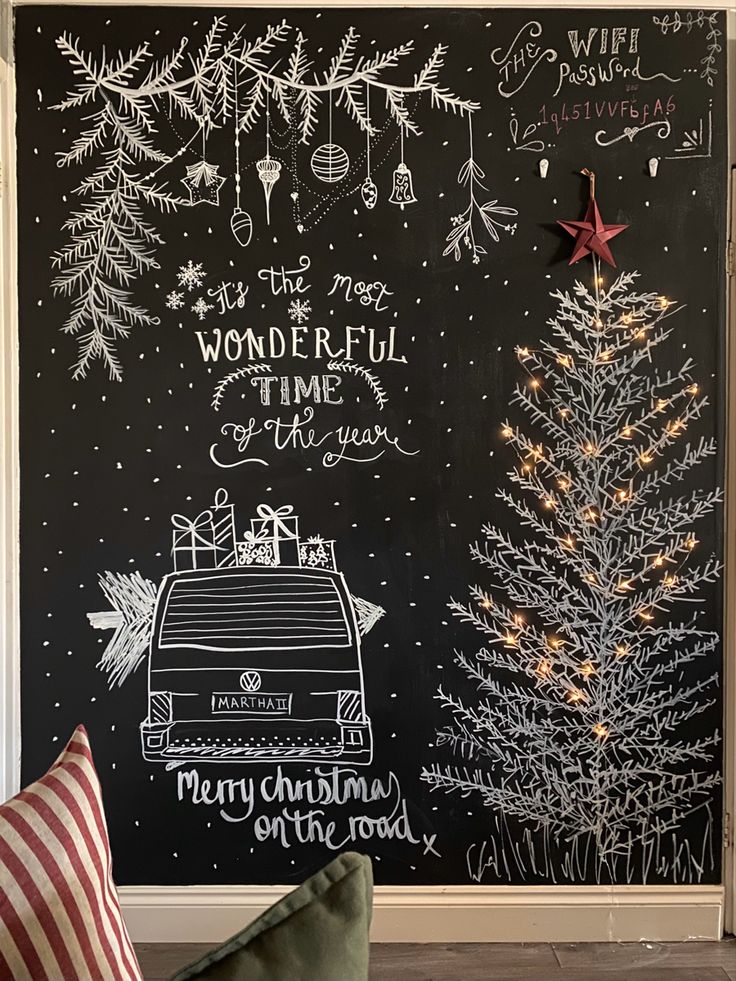 the chalkboard is decorated with christmas trees and other holiday decorations, along with an ornament