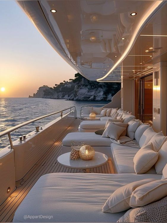 the sun is setting over the ocean on a boat with white couches and pillows