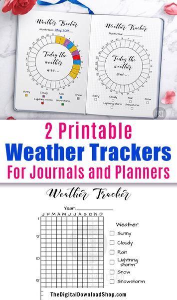 two printable weather trackers for journaling and plannering with flowers on the side