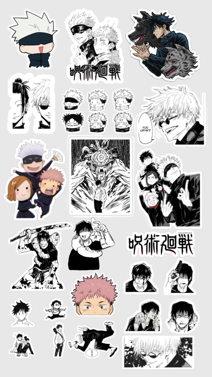 an assortment of anime stickers on a gray background with the characters in black and white