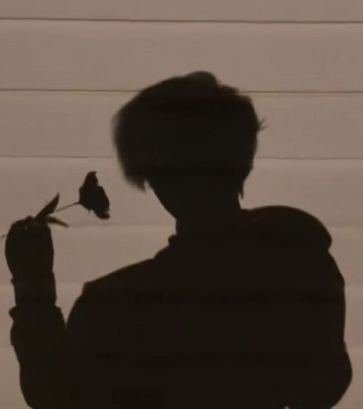 the shadow of a person holding a flower in their hand and a bird on his finger