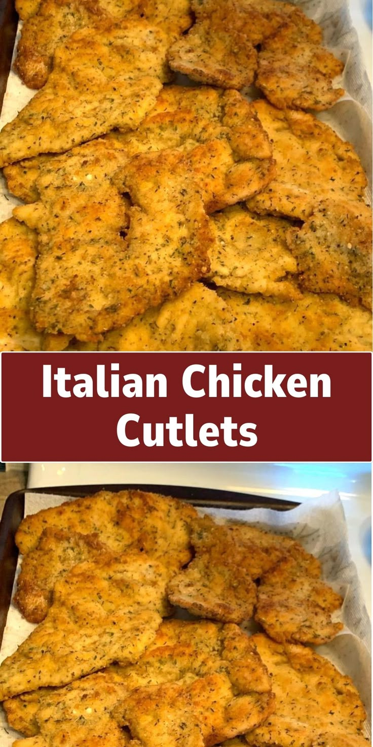 chicken cutlets are shown in two separate pans with the words italian chicken cuts