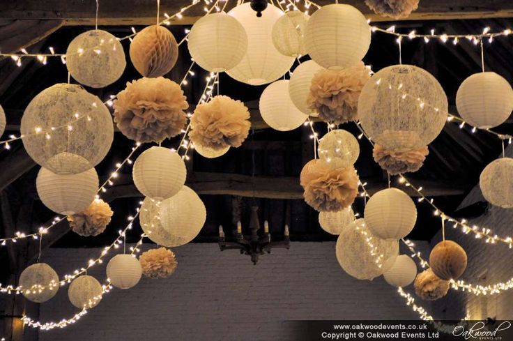 white paper lanterns hanging from the ceiling with lights around them and pom - poms