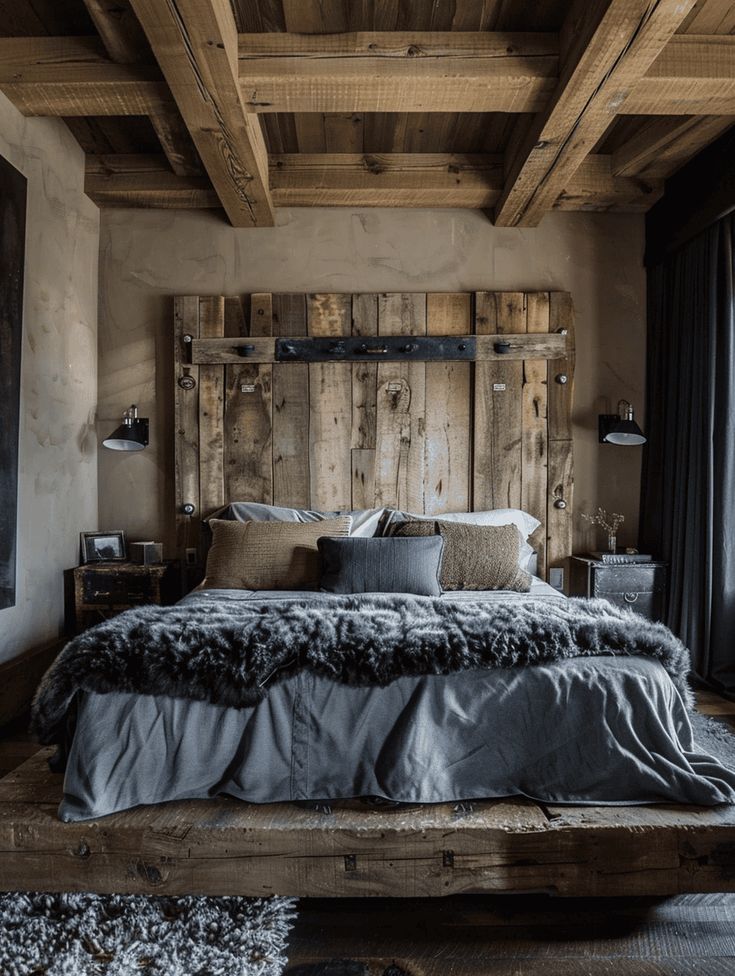 a rustic bedroom with wood paneled walls and bed made up in grey linens