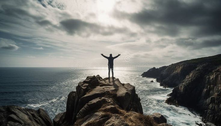 One person standing on a cliff, arms raised in success generated by AI stock illustration Standing On A Cliff, Person Standing, Stock Illustration, Vector Free