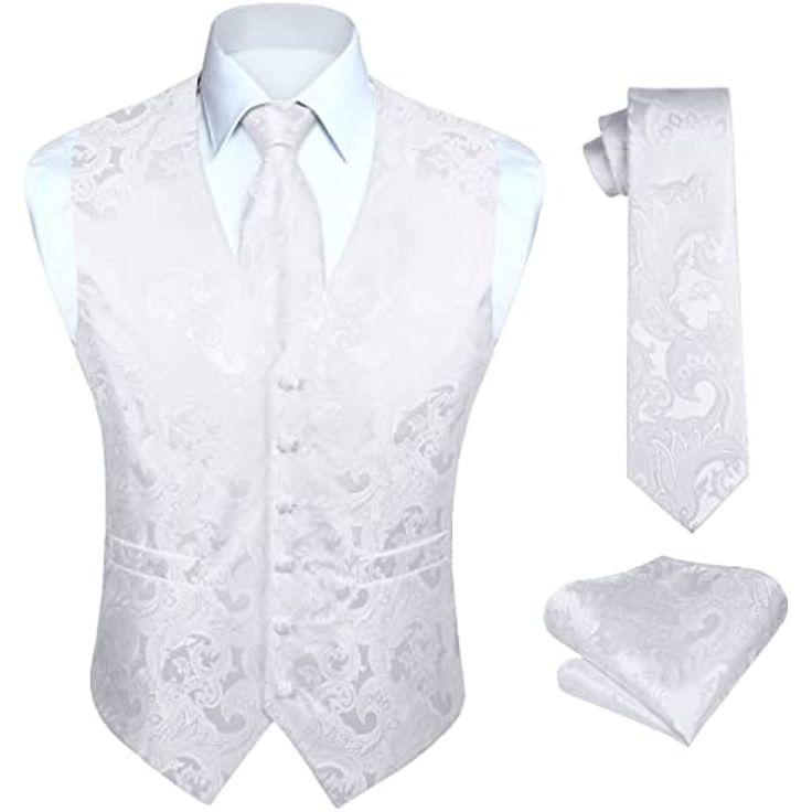 Paisley Floral 3pc Suit Vest Set - D-WHITE PAISLEY Mens Wedding Attire Vest, Luxury Traditional Wedding Vest, Classic Fitted Sets With Ties, Fitted Business Sets With Ties, Elegant Fitted Vest For Groom, White Sleeveless Formal Suit, White Fitted Sets For Black Tie Occasion, White Fitted Vest For Formal Occasions, White Sleeveless Suit For Wedding