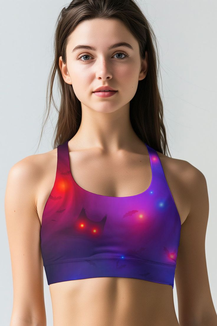 This cute seamless fully lined sports bra with elastic band and comfy racerback in soft and smooth stretch eco-friendly fabric will provide support and lasting comfort through all your activities. It is perfect for active days and workout wear (gym, fitness and yoga). THE EXCLUSIVE PLACEMENT OF THE PRINT HIGHLIGHTS THE ORIGINALITY OF THE DESIGN.Designed, printed, and sewn in Miami, FL. Care and Details Pullover style Elastic band Fully lined Seamless for added comfort Breathable. Moisture-wickin Purple Ghost, Mommy And Me Swimwear, Sporty Crop Top, Neon Dresses, Girls Lace Dress, Sport Bikinis, Mommy And Me Dresses, Girls Unique, Seamless Sports Bra