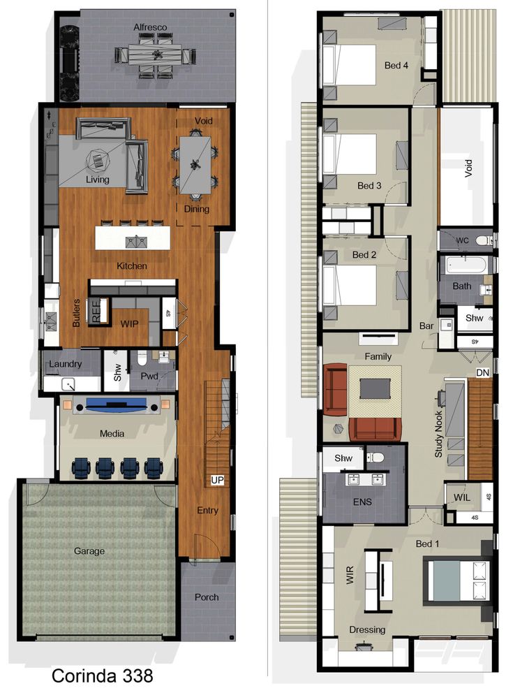 two floor plans for a house with different rooms and furniture in the same room, one is