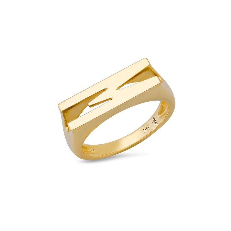 Chunky Initial Ring – Milestones by Ashleigh Bergman Modern Tarnish-resistant Wide Band Ring, Modern Open Band Jewelry With Shiny Finish, Modern Wide Band Stackable Rings For Formal Occasions, Modern Formal Stackable Rings With Wide Band, Modern Formal Stackable Rings, Modern Jewelry With Thick Band And Shiny Finish, Modern Wide Band Stackable Rings With Polished Finish, Modern Yellow Gold Jewelry For Anniversary, Modern Polished Initial Ring For Promise