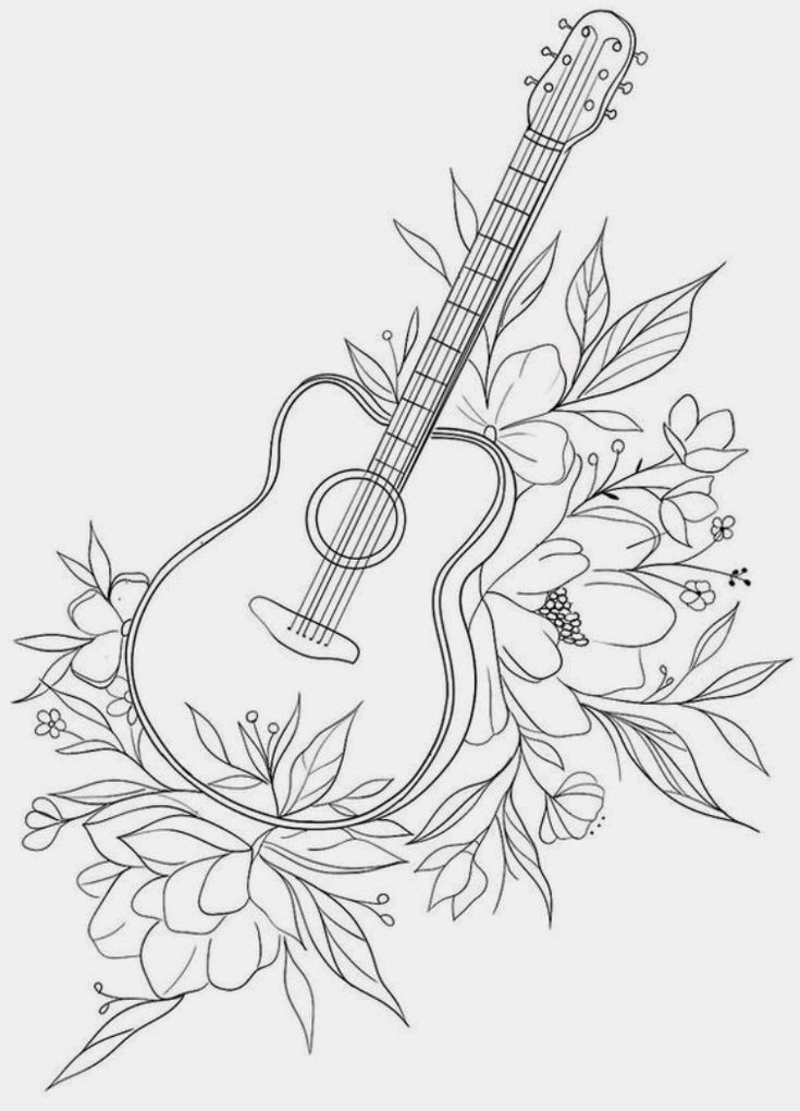 an acoustic guitar with flowers and leaves around it, on a white paper background for coloring