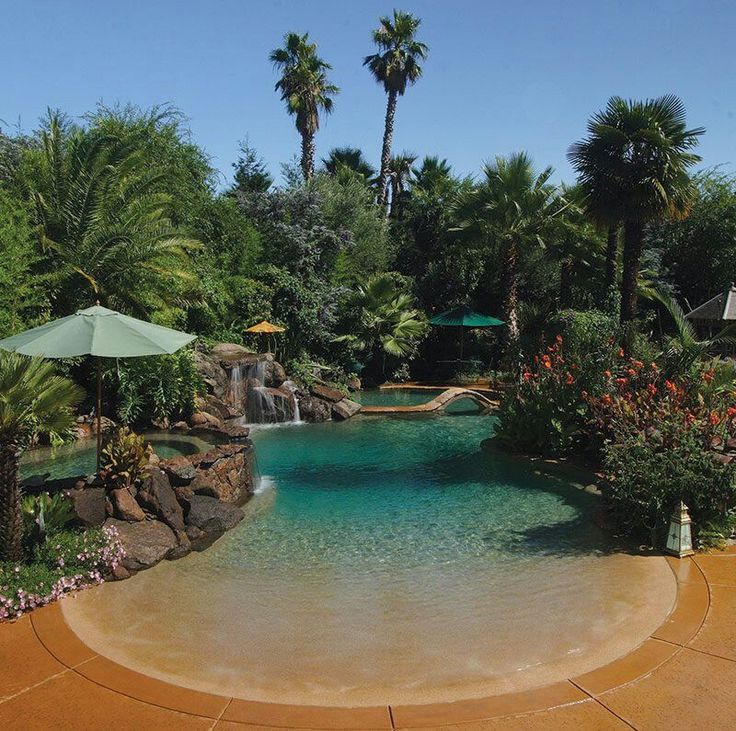 an outdoor pool surrounded by palm trees and water features a waterfall that flows into the pool