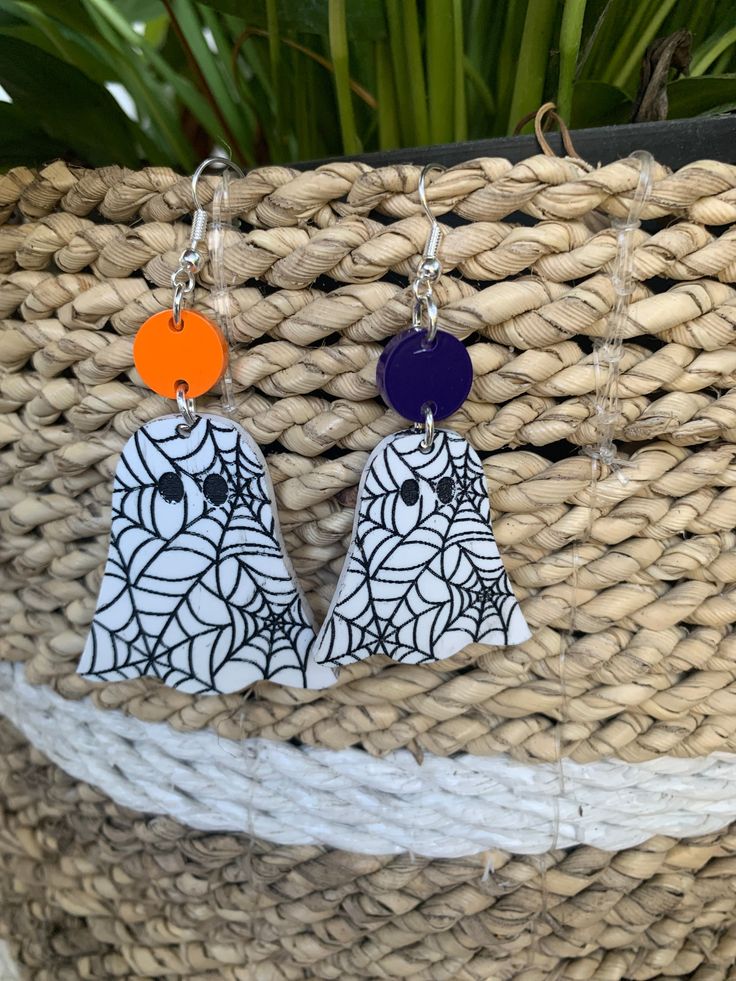 Acrylic dangle earrings with nickel free hardware. Custom Wood Signs, Halloween Earrings, Custom Wood, Diy Kits, Crochet Earrings, Ghost, Unique Gifts, Dangle Earrings, Drop Earrings