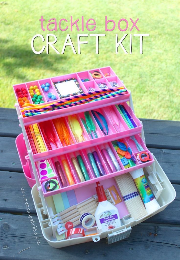 an organized craft box on a picnic table with text overlay that says tacklebox craft kit