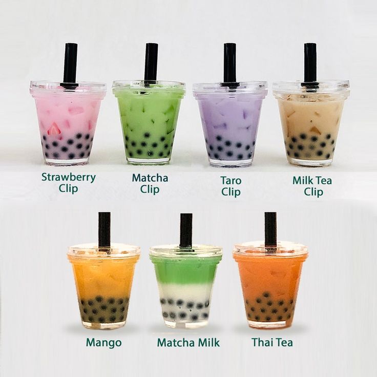 six different types of bubble tea in cups