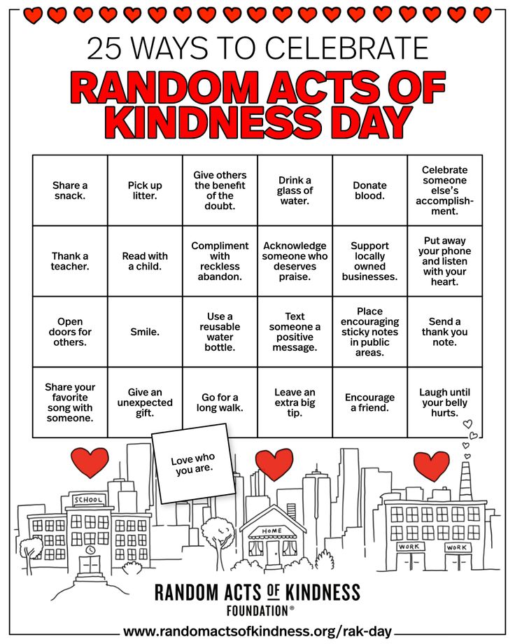 the 25 ways to celebrate random acts of kindness day with an image of buildings and hearts