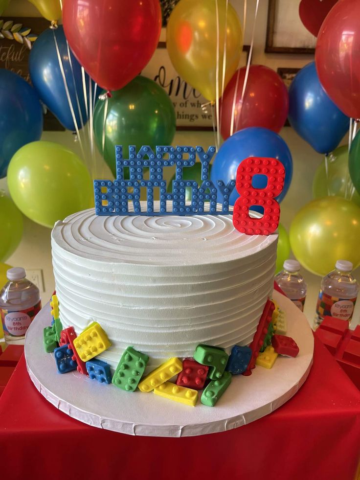 Legos Birthday Party Ideas | Photo 2 of 16 | Catch My Party Lego 8th Birthday Party, Lego Number Cake, Lego Themed Birthday Party Cake, Legos Birthday Cake, Lego Cake Ideas Boys, Lego Party Cake, Legos Birthday Party Ideas, Diy Lego Cake, Lego Cake Design