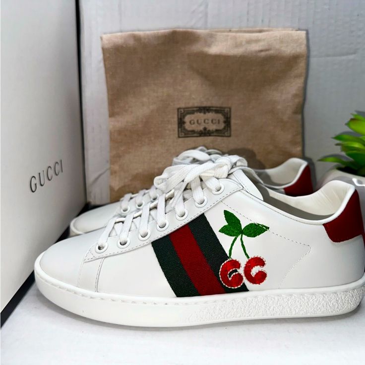 Brand New In Box Comes With Extra Lace Gucci Low-top Sneakers With Perforated Toe Box, Gucci Custom Lace-up Logo Sneakers, Gucci Lace-up Sneakers With Perforations, Modern Gucci Sneakers With Round Toe, White Gucci Sneakers With Logo, Gucci Custom Lace-up Sneakers With Embroidered Logo, Gucci Custom Low-top Sneakers With Embroidered Logo, Custom Gucci Low-top Sneakers With Embroidered Logo, Casual Custom Gucci Sneakers With Logo