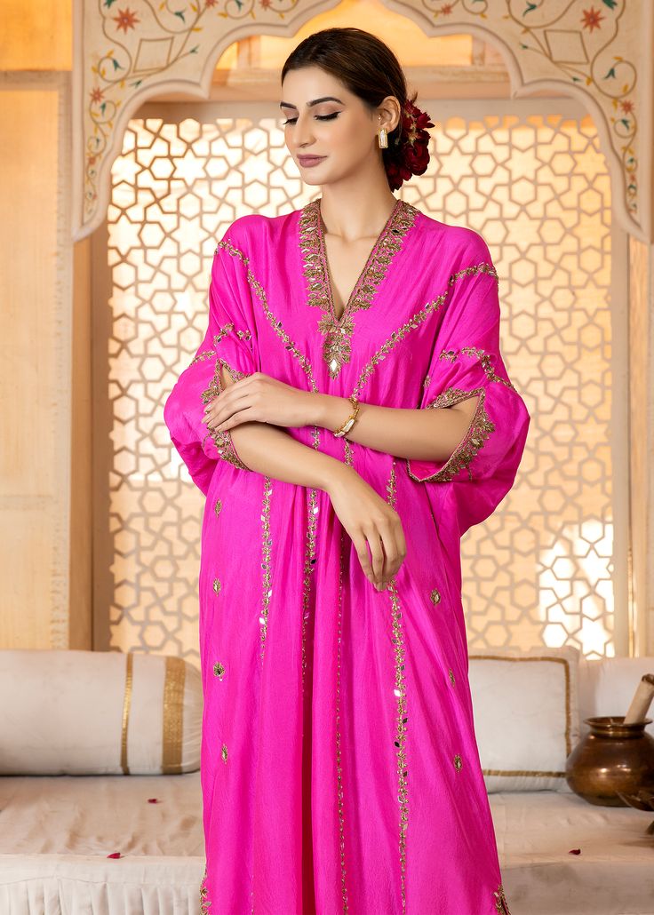 Hot pink pure rawsilk Kaftan all handworked with dabka, resham, zardozi and mirrorwork details (fully worked front and back) Festive Embroidered Pink Kaftan, Luxury Pink Georgette Kaftan, Pink Maxi-length Kaftan For Festivals, Pink Floor-length Summer Kaftan, Pink Kaftan, Pink Silk Maxi-length Kaftan, Fashion Newsletter, Astoria Ny, Raw Silk