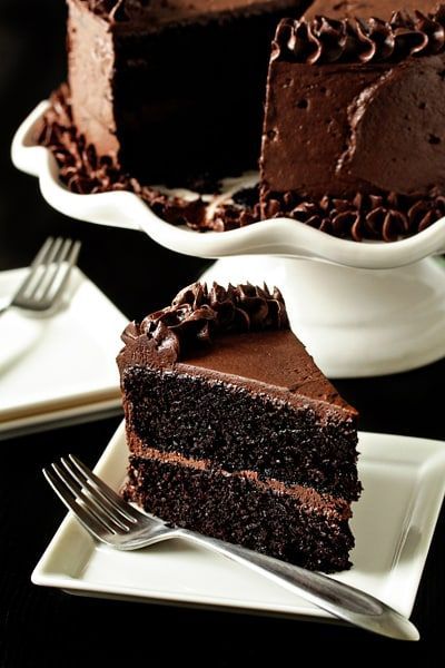 a slice of chocolate cake on a white plate