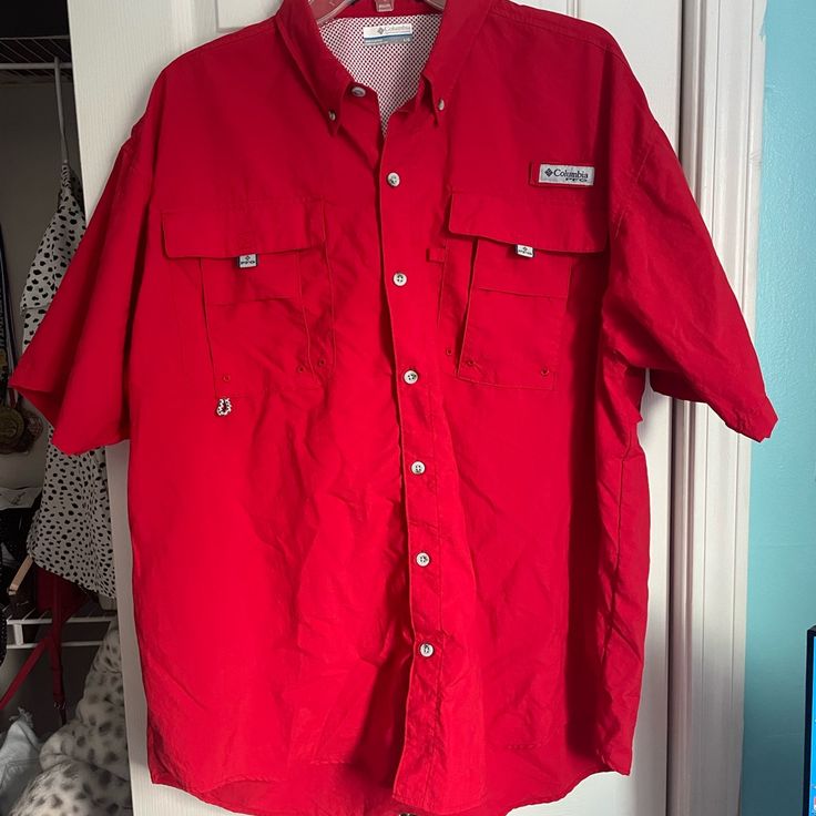 Brand New And Never Worn Just Don’t Have The Tags With It Red Short Sleeve Tops For Outdoor, Red Camp Shirt With Button Closure And Short Sleeve, Casual Red Camp Shirt With Button Closure, Red Collared Shirt With Pockets, Casual Red Shirt For Outdoors, Casual Red Shirt For Outdoor, Casual Fishing Shirt With Pockets, Red Button-up Camp Shirt, Columbia Shirt