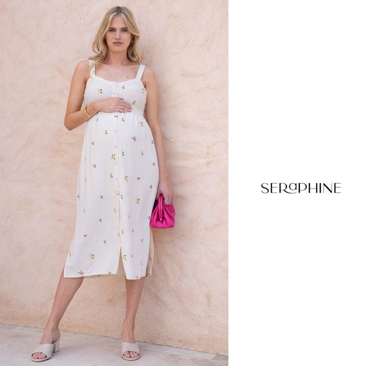 Seraphine's embroidered button-down midi dress features a cool, comfy silhouette in a flexible fit and the prettiest flower motif, perfect to see you through those spring-summer days in effortless style. Casual Midi Dress With Floral Embroidery For Spring, Casual Midi Dress With Floral Embroidery For Daywear, Casual Midi Dress With Floral Embroidery For Brunch, Casual Floral Embroidered Midi Dress For Brunch, Spring Midi Dress With Floral Embroidery For Daywear, Spring Floral Embroidery Midi Dress For Daywear, Spring Floral Embroidery Midi Dress For Day Out, Spring Floral Embroidered Midi Dress For Day Out, Elegant Spring Dresses Nursing Friendly