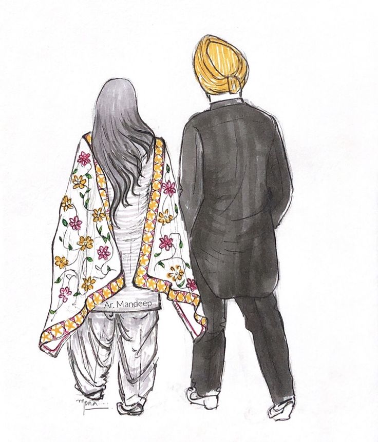 a drawing of two people standing back to back, one wearing a suit and the other with flowers on it