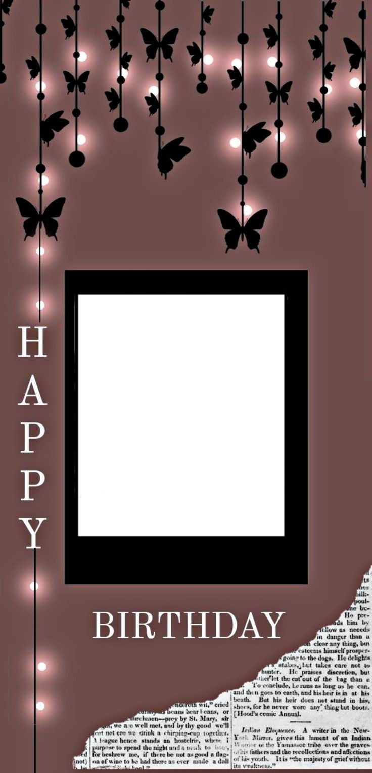 a happy birthday card with butterflies and lights