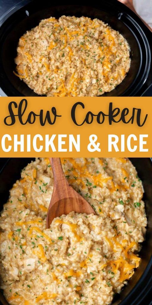 slow cooker chicken and rice in a black crock pot with a wooden spoon