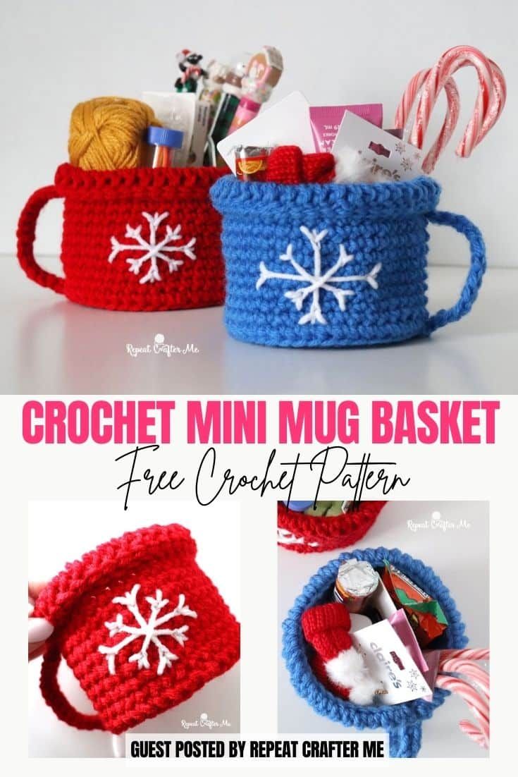 crochet mini mug basket with candy canes and candies in the bottom