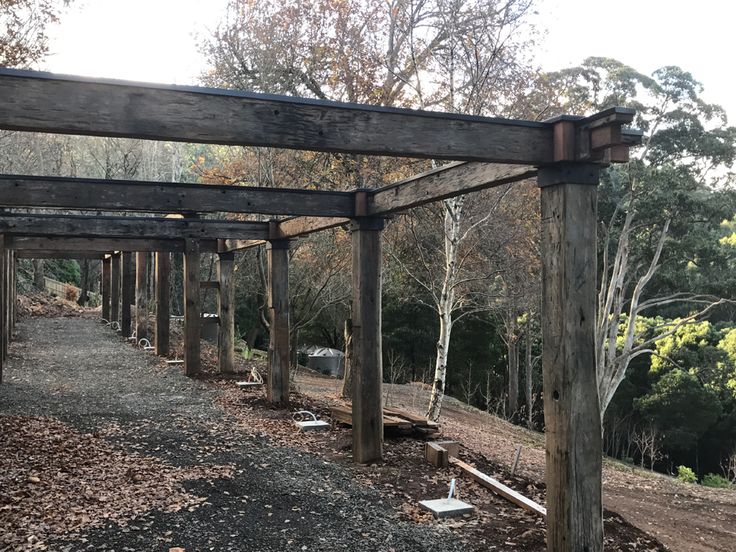 an old wooden structure in the middle of a forest with lots of leaves on the ground