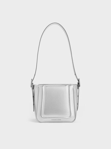 Silver Petra Metallic Boxy Bucket Bag | CHARLES & KEITH Minimalist Exterior, Charles Keith, Bucket Bag, Adjustable Straps, Highlights, Exterior, Shoulder Bag, Silver