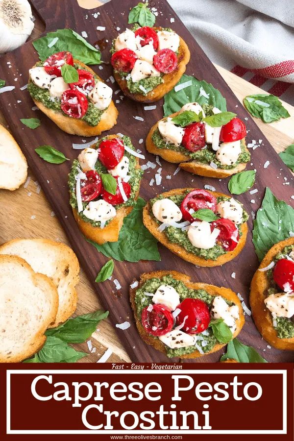 caprese pesto crostini is an easy appetizer made with fresh basil and mozzarella