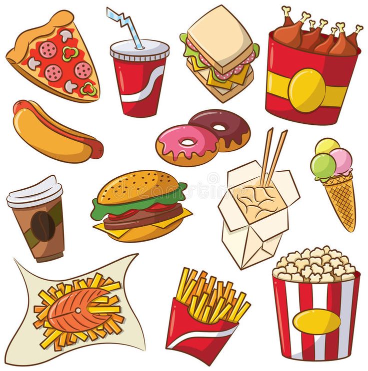 different types of fast food on a white background