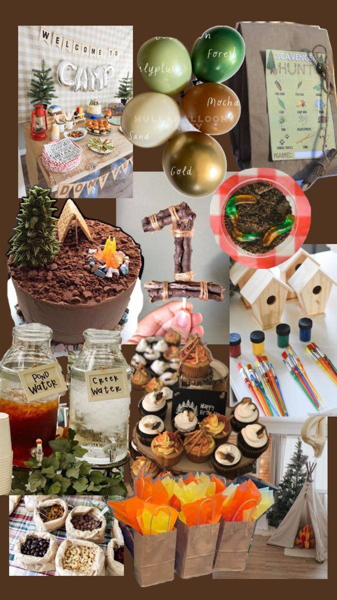 a collage of pictures with various items and decorations on it, including candles, balloons, books, cards, etc