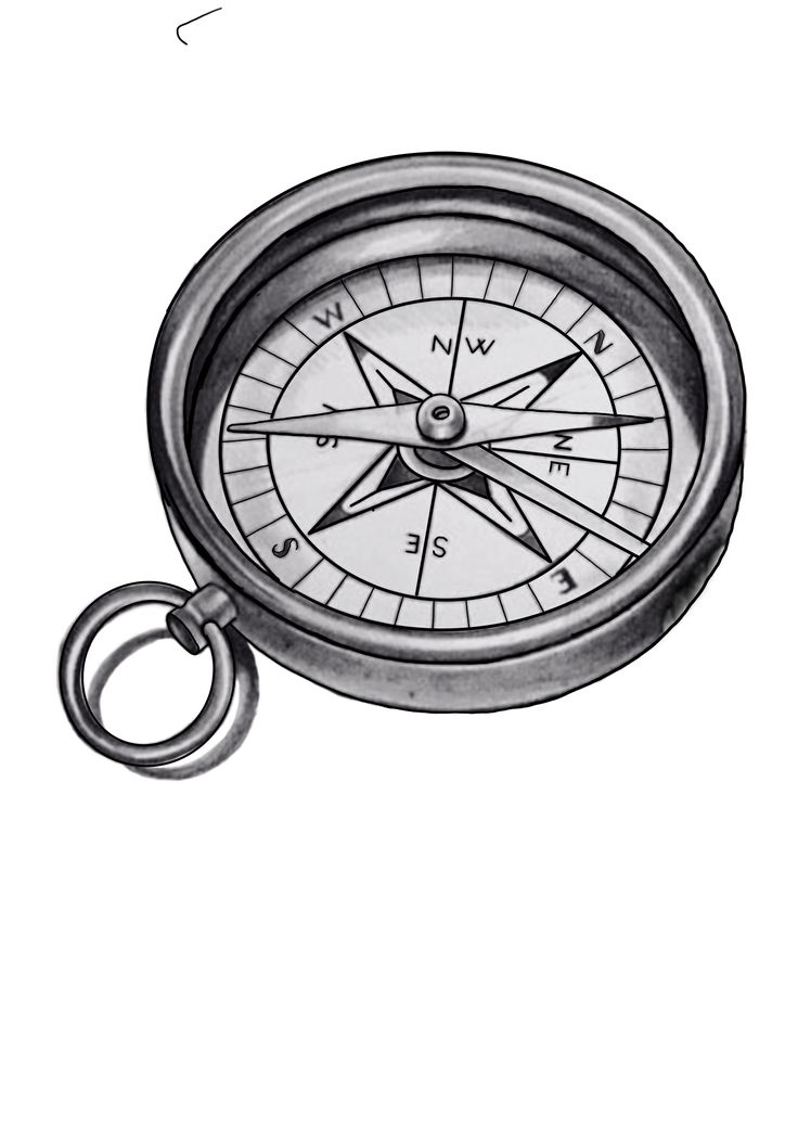 a black and white drawing of a compass with keychain attached to it's side