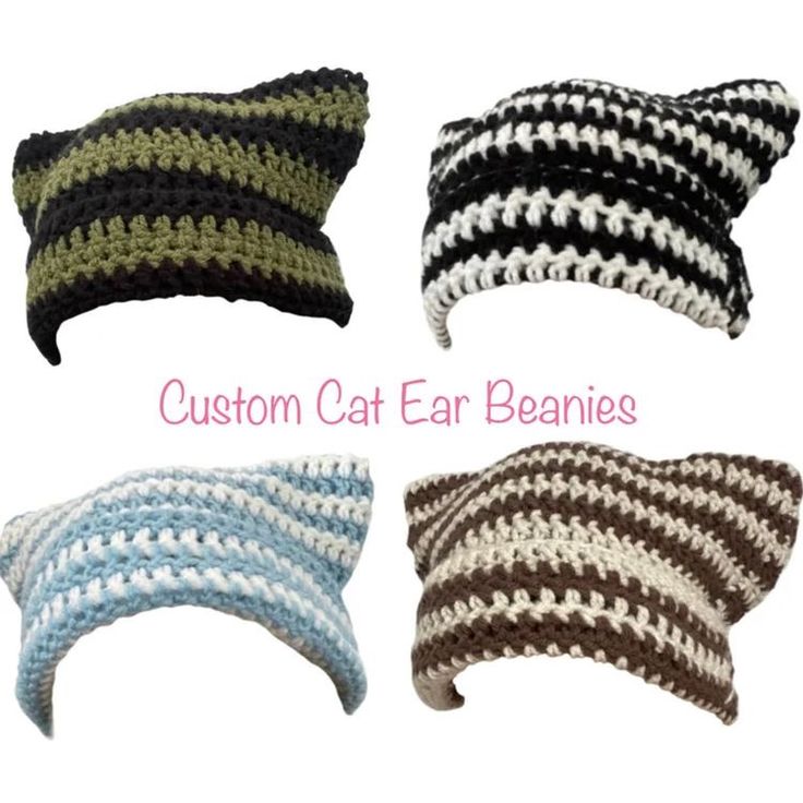 four crocheted cat ear beanies are shown in three different colors and sizes