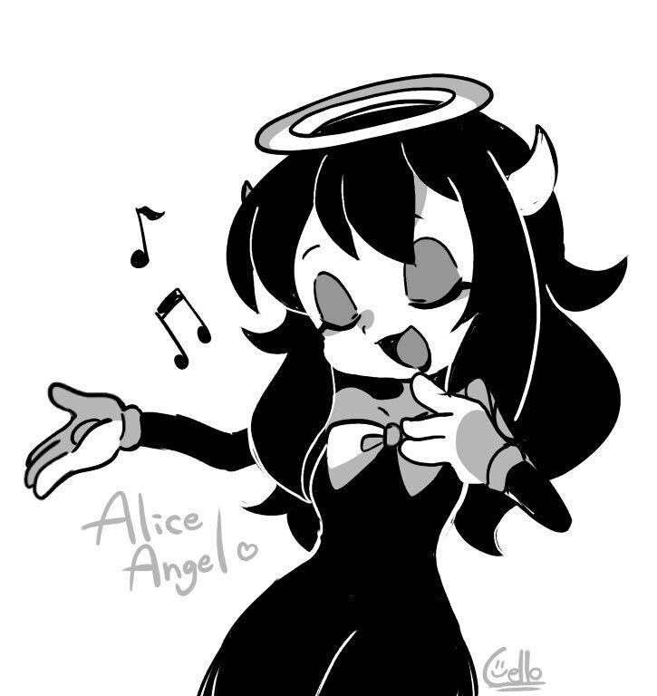 a drawing of an angel girl with music notes on her head and hands in the air