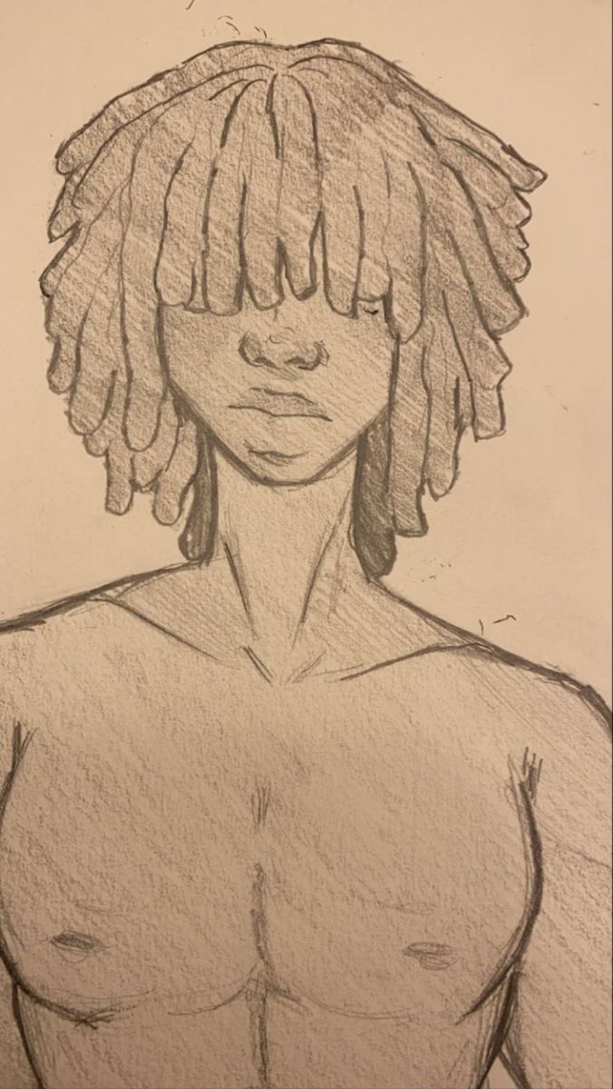 a pencil drawing of a man with dreadlocks on his head and chest, looking to the side