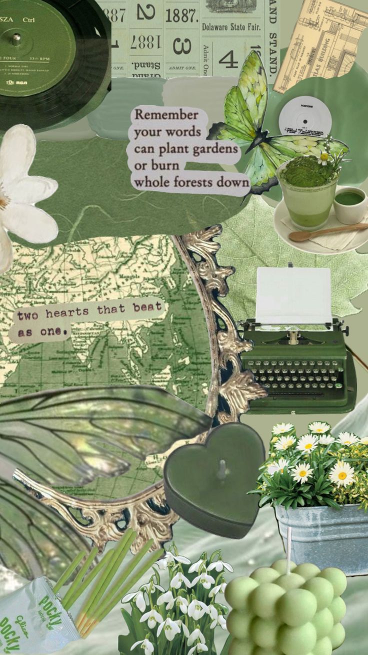 a collage with flowers, plants and an old typewriter in the middle is shown