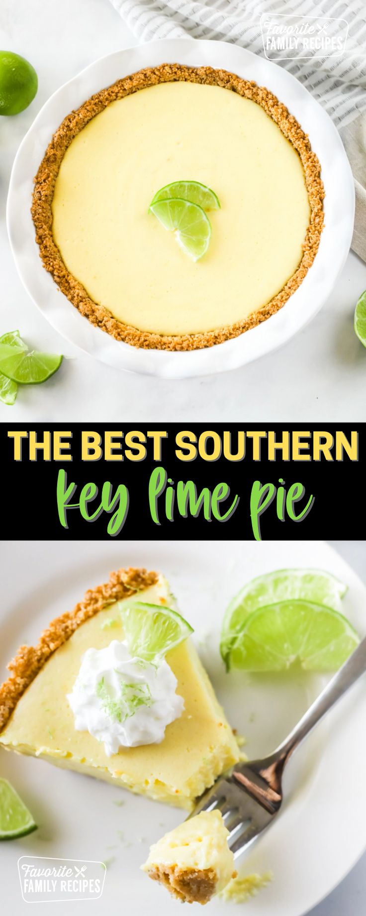 the best southern key lime pie recipe on a white plate with text overlay that reads, the best southern key lime pie